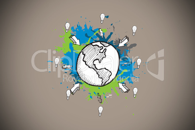Composite image of earth and arrows on paint splashes Composite image of earth and arrows on paint splashes