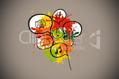 Composite image of apps in speech bubbles on paint splashes