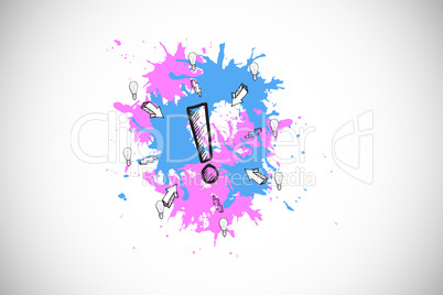 Composite image of exclamation mark on paint splashes