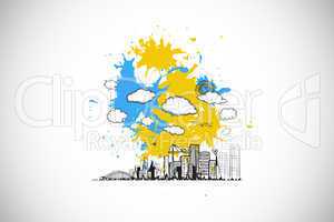 Composite image of cityscape graphic on paint splashes