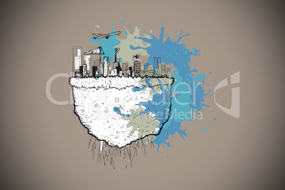 Composite image of cityscape and airplane on paint splashes Composite image of cityscape and airplane on paint splashes