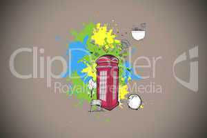 Composite image of phone box with apps on paint splashes