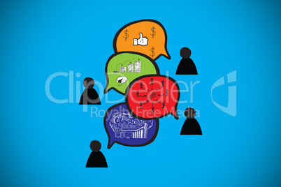 Composite image of characters with speech bubbles and business d