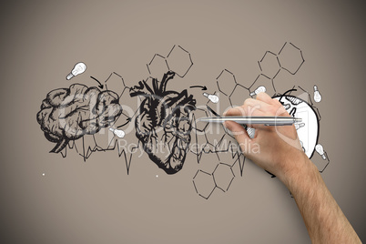 Composite image of hand holding a silver pen