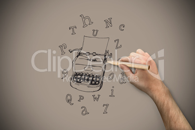 Composite image of hand holding a pencil