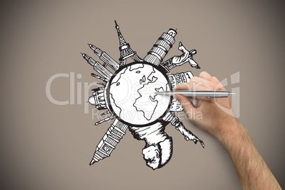 Composite image of hand holding a silver pen