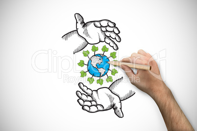 Composite image of hand holding a pencil