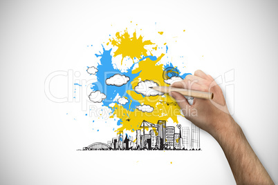 Composite image of hand holding a pencil