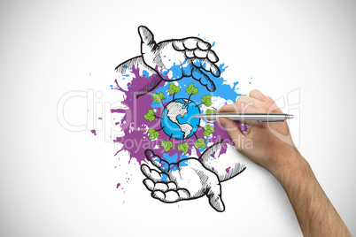 Composite image of hand holding a silver pen