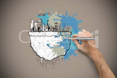 Composite image of hand holding a silver pen