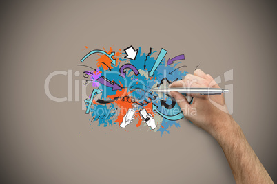 Composite image of hand holding a silver pen