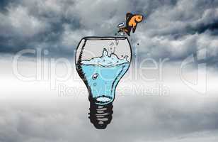 Composite image of goldfish jumping from light bulb bowl