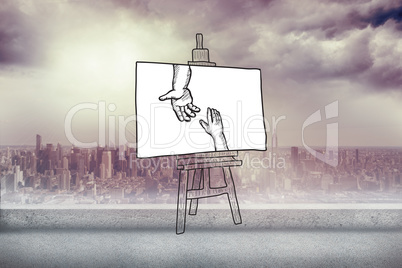 Composite image of hands joining doodle on easel