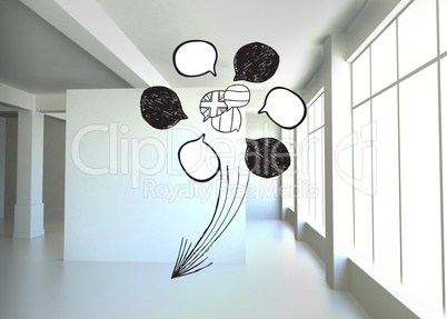 Composite image of flags and speech bubbles doodle