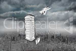 Composite image of superhero flying doodle