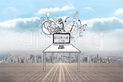 Composite image of computer with brainstorm doodles