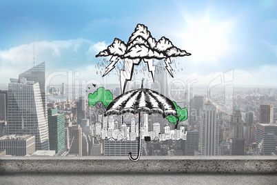 Composite image of umbrella sheltering city doodle