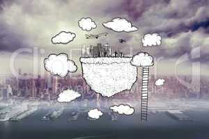 Composite image of cloud computing with cityscape and ladder doo