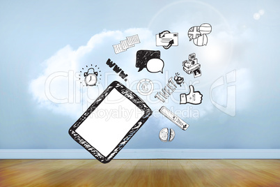 Composite image of tablet pc and app doodles