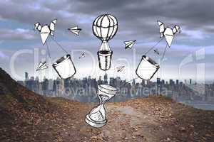 Composite image of time and hot air balloons doodle