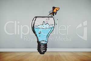 Composite image of goldfish jumping from light bulb bowl