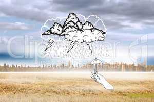 Composite image of storm doodle with hand holding tiny umbrella
