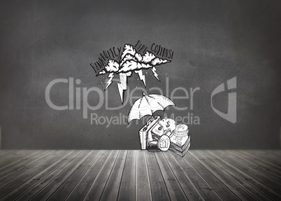 Composite image of umbrella protecting money from debt storm