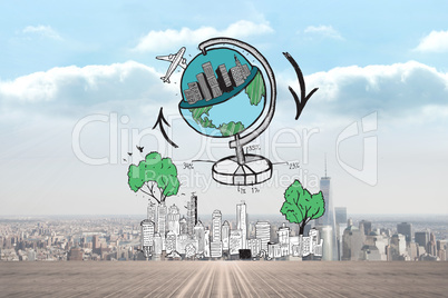 Composite image of global travel doodle over cityscape