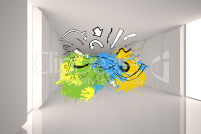 Composite image of handshake and arrows on paint splashes