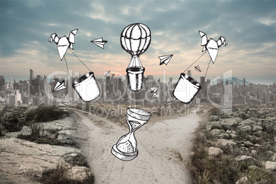 Composite image of time and hot air balloons doodle