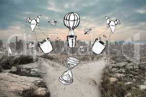 Composite image of time and hot air balloons doodle