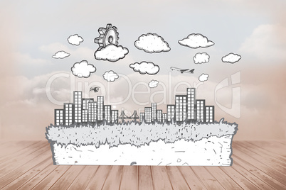 Composite image of cog over cityscape doodle