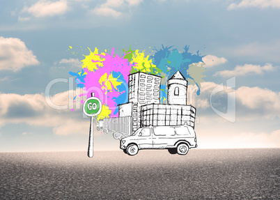 Composite image of city street with van on paint splashes