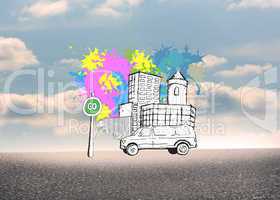 Composite image of city street with van on paint splashes