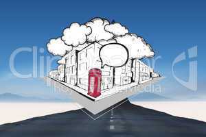 Composite image of phone box with speech bubble on street doodle