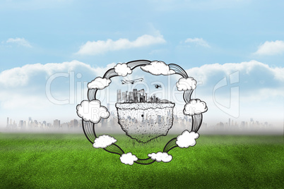 Composite image of cloud computing with cityscape doodle