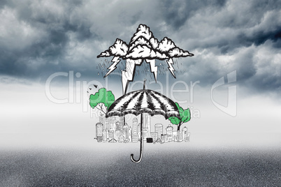Composite image of umbrella sheltering city doodle
