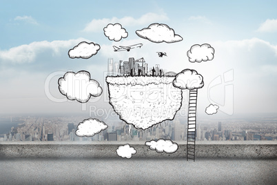 Composite image of cloud computing with cityscape and ladder doo