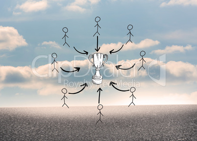 Composite image of trophy doodle with stick figures