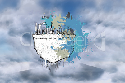 Composite image of cityscape and airplane on paint splashes