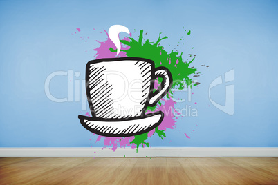 Composite image of cup and saucer on paint splashes
