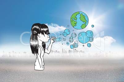 Composite image of girl blowing earth bubbles