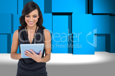 Composite image of smiling elegant brown haired model typing on