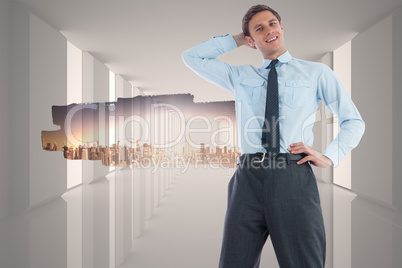 Composite image of thinking businessman with hand on head