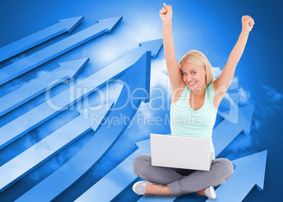 Composite image of joyful woman with a notebook