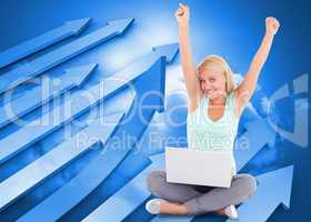 Composite image of joyful woman with a notebook