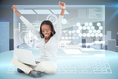 Composite image of young woman stretching while on the floor wit