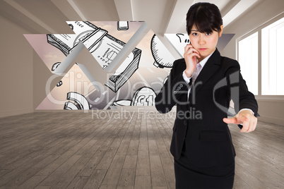 Composite image of thoughtful businesswoman pointing