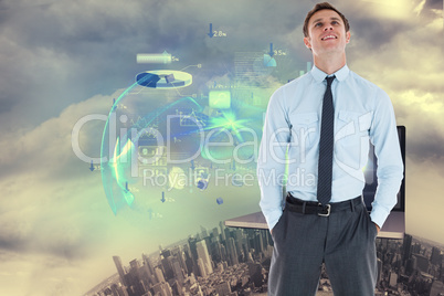 Composite image of smiling businessman standing with hand in poc