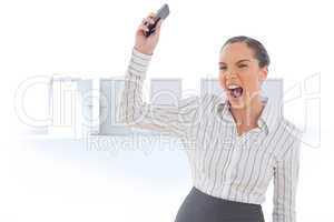 Composite image of offended businesswoman screaming and throwing